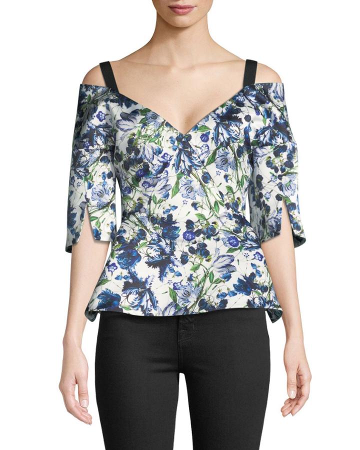 Karla V-neck Floral-print Duchess Satin Peplum Top