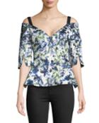 Karla V-neck Floral-print Duchess Satin Peplum Top