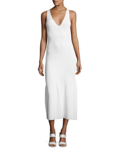 Sleeveless Cashmere Flounce Midi Dress, White