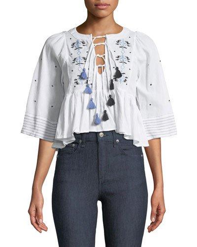 Lace-up Flutter-hem Peasant Blouse, White