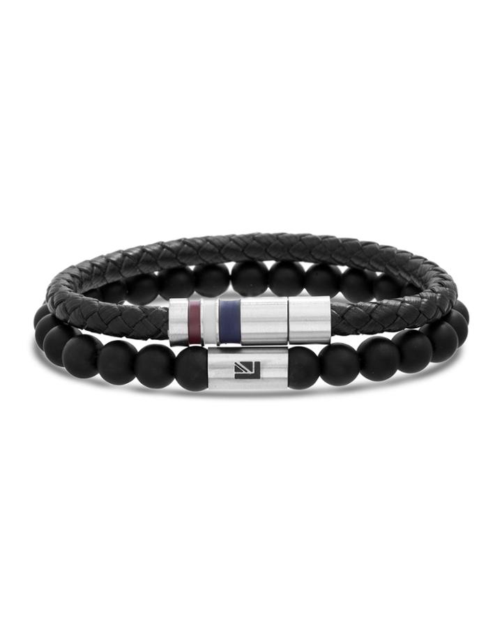 Men's Two-row Braided Leather & Onyx Bead Bracelet, Black