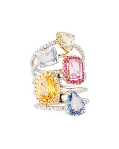 18k White Gold Multihued Sapphire & Diamond Multi-band Ring,