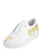 Beverly Palm-embroidered Sneakers, White/gold