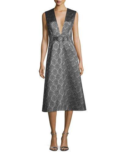 Sleeveless Scalloped Metallic Midi Dress,