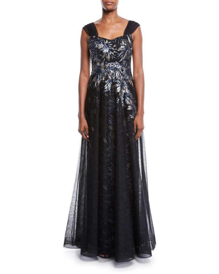Sleeveless Sequin Tulle Overlay A-line Evening Gown
