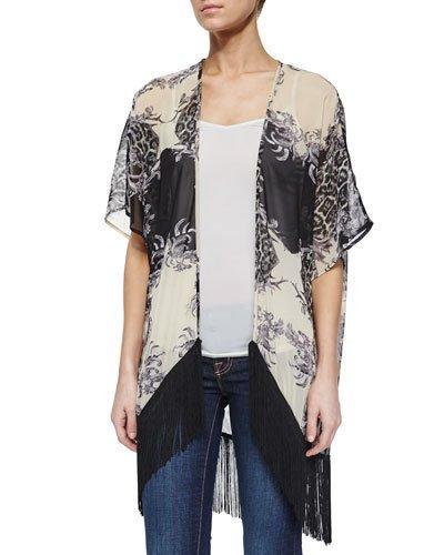 Mixed-print Fringe-hem Kimono, Black