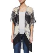 Mixed-print Fringe-hem Kimono, Black