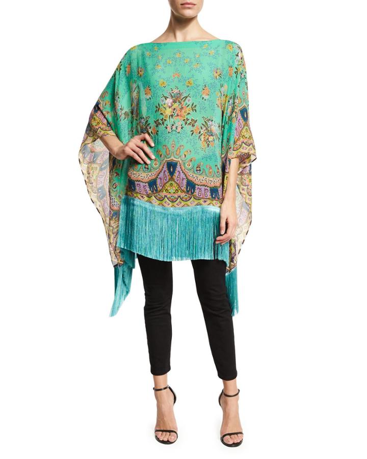 Floral Bouquet Silk Fringe Poncho, Green