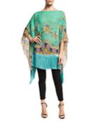 Floral Bouquet Silk Fringe Poncho, Green