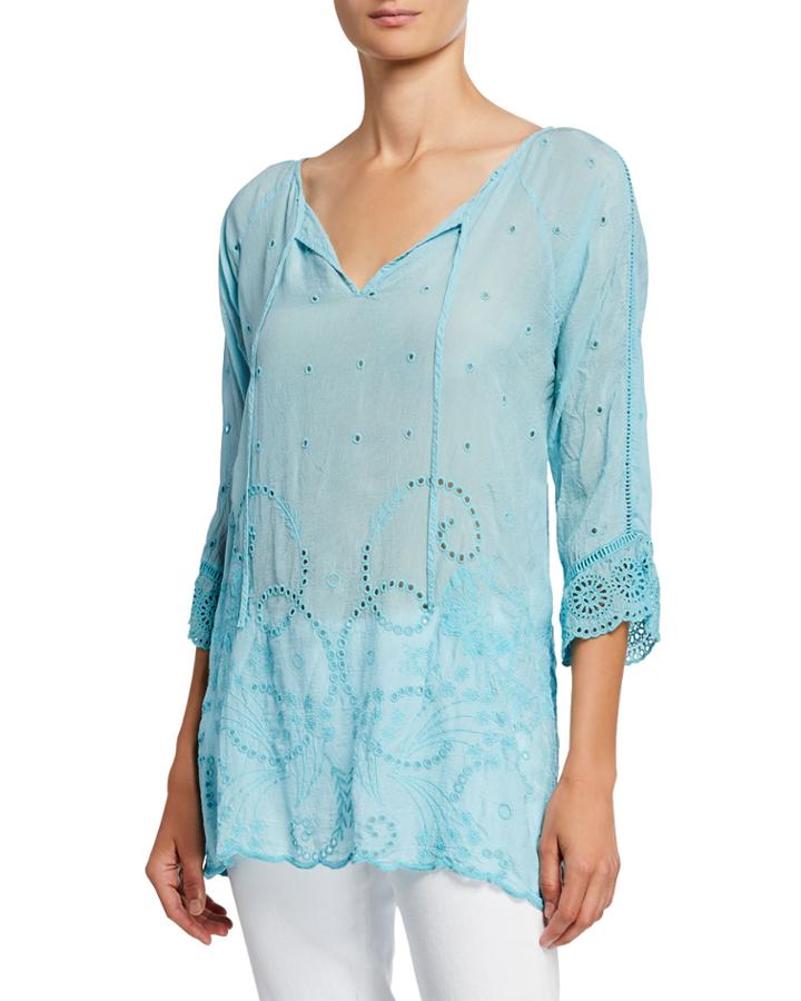 Natalie Eyelet Tie-neck 3/4-sleeve Georgette Tunic