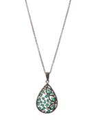 Silver Teardrop Pendant Necklace With Emerald & Diamonds,