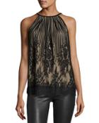 Sleeveless Lace Halter Top, Black/nude