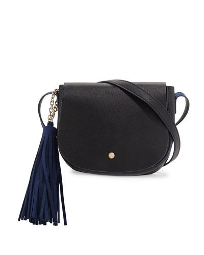 Faux-leather Tassel Saddle Bag, Black
