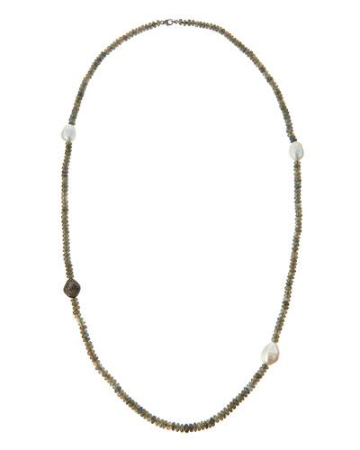 Long Labradorite, Pearl & Diamond Beaded Necklace