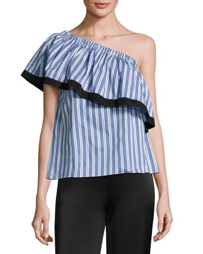Ruffled One-shoulder Striped Top, Blue