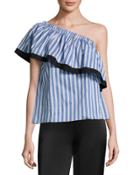 Ruffled One-shoulder Striped Top, Blue