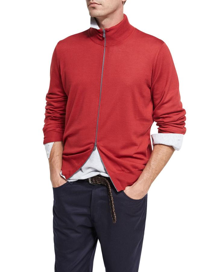Wool-cashmere Full-zip Cardigan, Ruby