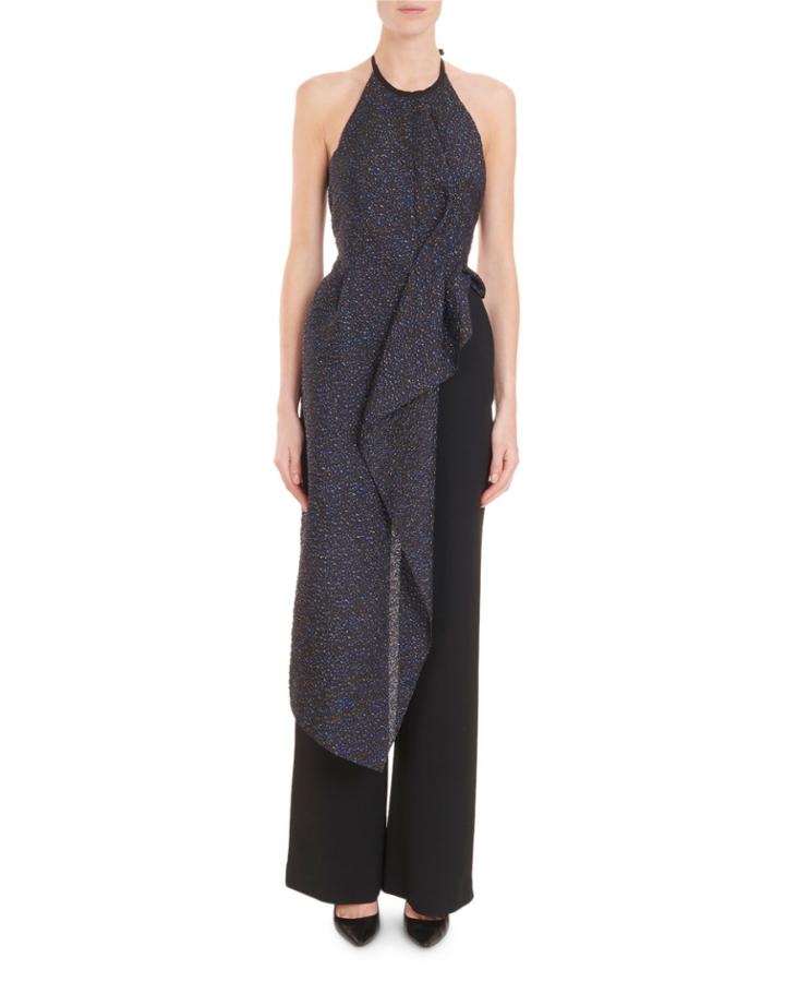 Sleeveless Halter Drape-front Metallic-jacquard Wide-leg Jumpsuit