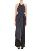 Sleeveless Halter Drape-front Metallic-jacquard Wide-leg Jumpsuit