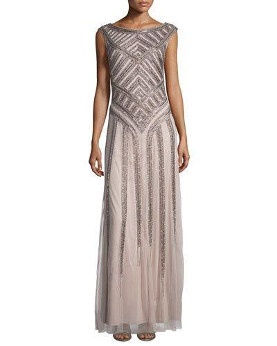 Sleeveless Beaded Tulle Column Gown,