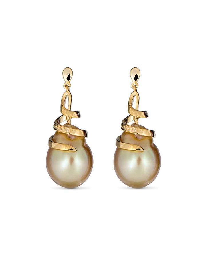 14k Gold Diamond Ribbon-cap Pearl Earrings