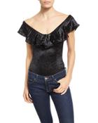 Ruffle-neck Crushed Velvet Bodysuit