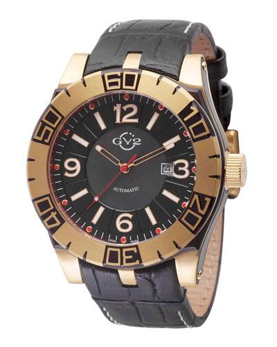 48mm La Luna Men's Automatic Watch W/ Leather Strap, Black/yellow Golden