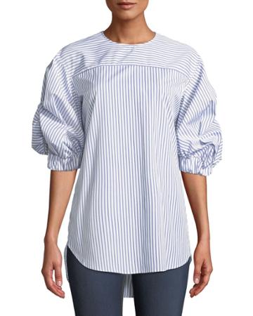 Elastic-sleeve Striped Cotton Top