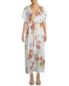 Sheer Floral Kimono-sleeve Belted Coverup Dress