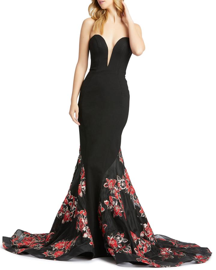 Plunging Sweetheart Floral Embroidered Trumpet Gown