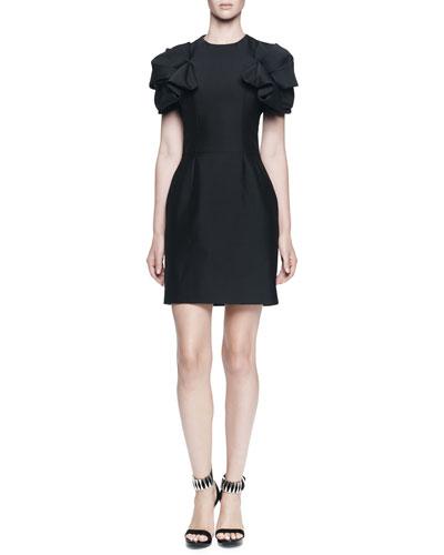 Jewel-neck Folded Pouf-sleeve Dress