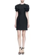 Jewel-neck Folded Pouf-sleeve Dress