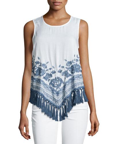 Floral-embroidered Tassel Tank, White/blue