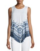 Floral-embroidered Tassel Tank, White/blue