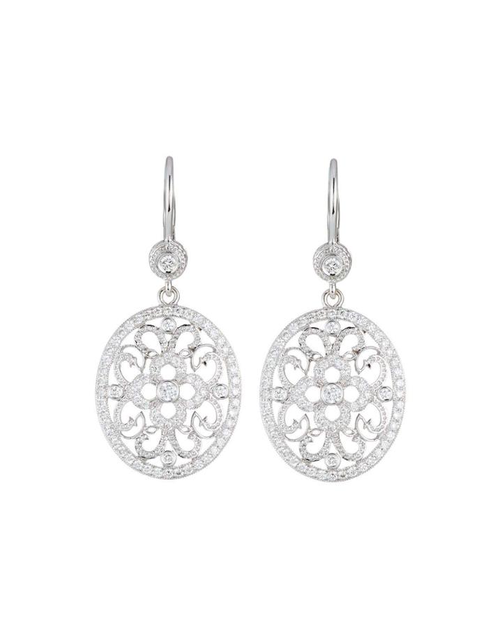 Small White Gold Oval Lace Diamond Earrings On French Wire