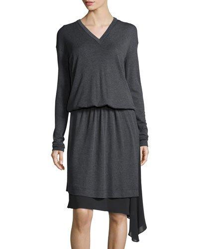 Chiffon-trim Wool Jersey Dress, Dark Gray