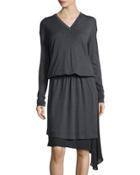 Chiffon-trim Wool Jersey Dress, Dark Gray