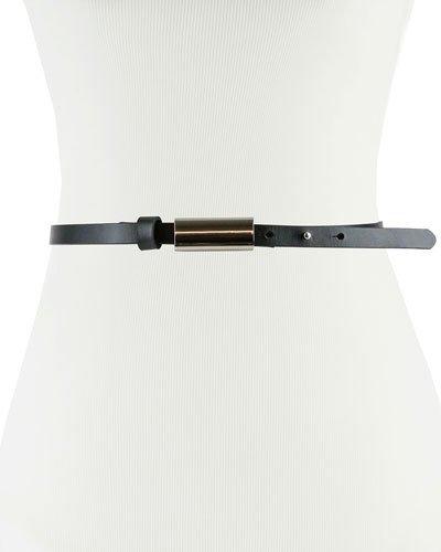 Skinny Leather Belt W/ Tube Buckle, Black