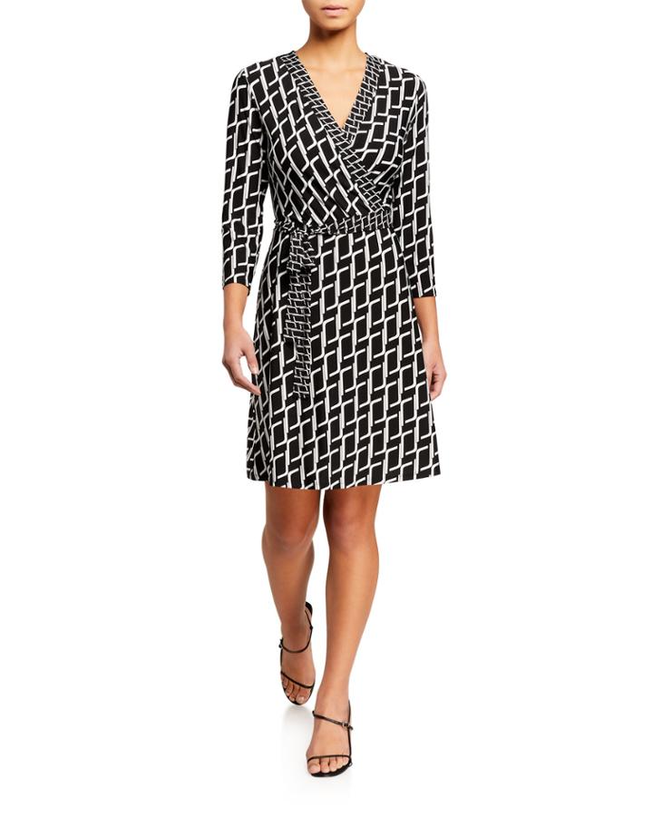 3/4-sleeve Faux-wrap Printed Dress