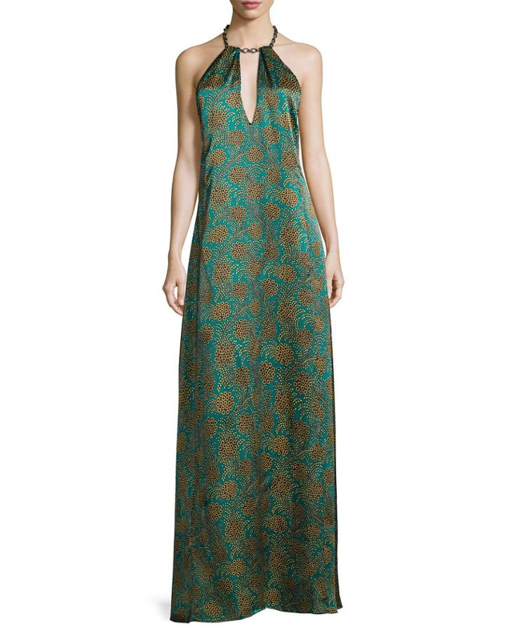 Cleo Floral-print Halter Gown, Blue