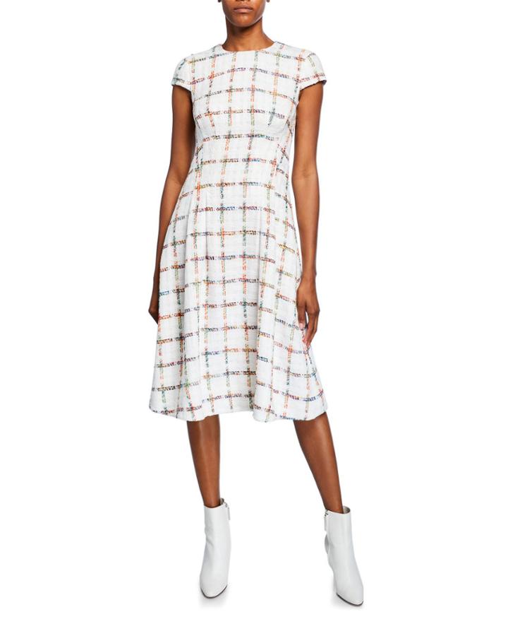 Cap-sleeve Windowpane Tweed Dress