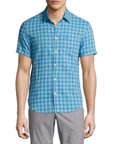 Gingham Short-sleeve Sport Shirt, French Blue