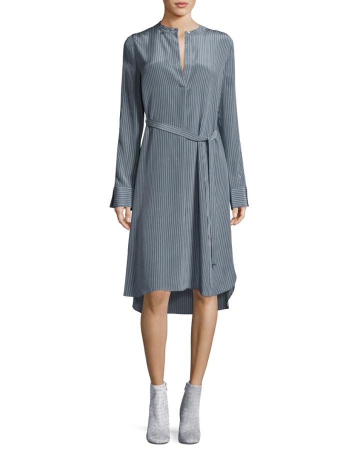 Striped Silk Long-sleeve Shirtdress, Blue