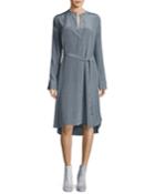 Striped Silk Long-sleeve Shirtdress, Blue