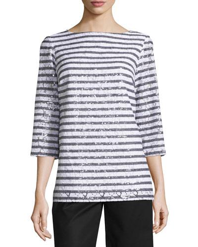 Sequined Stripe 3/4-sleeve Tunic, White/black