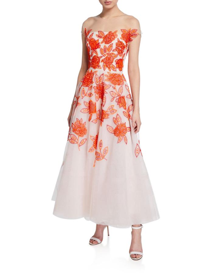 Genevieve Embroidered Tea Length Illusion Dress