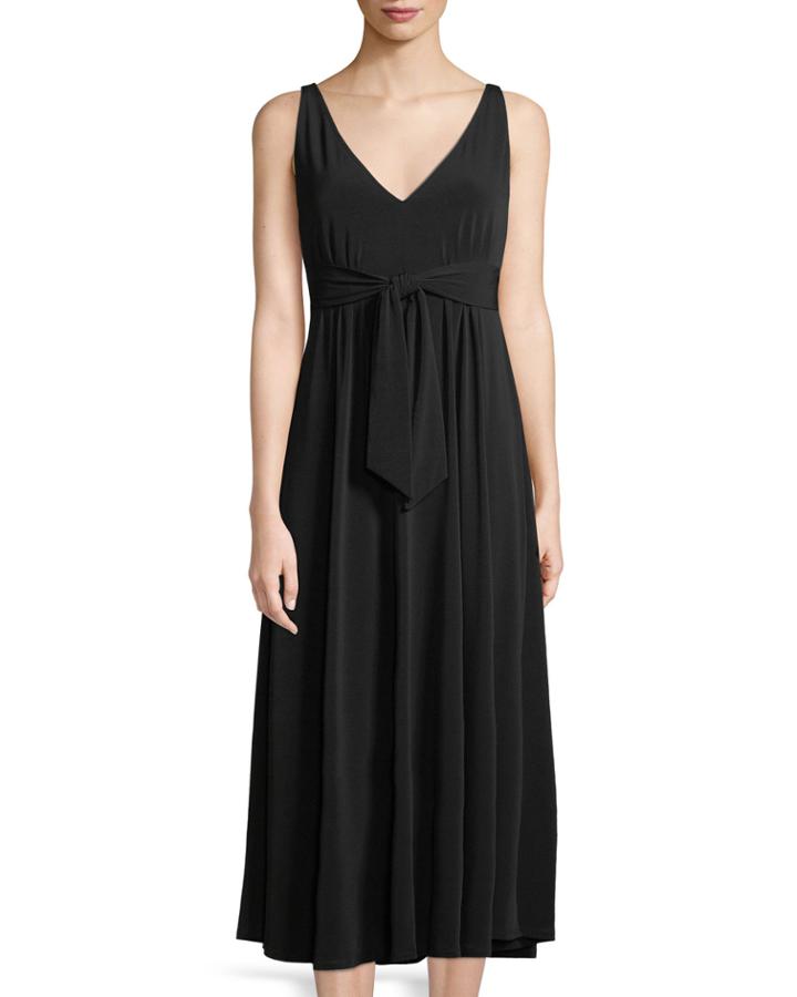 Pleated V-neck Sash-waist Dress