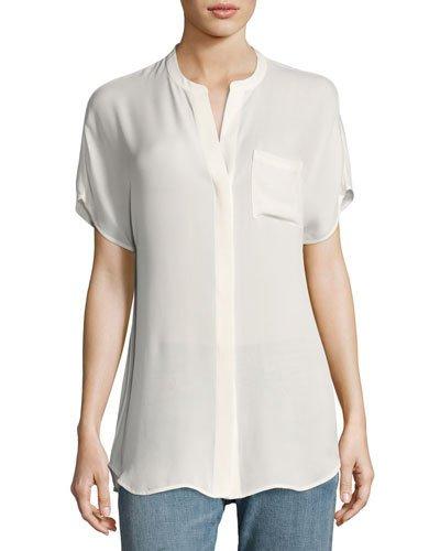 Short-sleeve Silk Popover Top, Off White