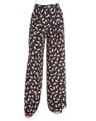 Feather-print Wide-leg Pants, Black