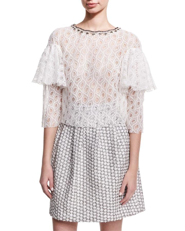 Ruffle-sleeve Lace Top, White
